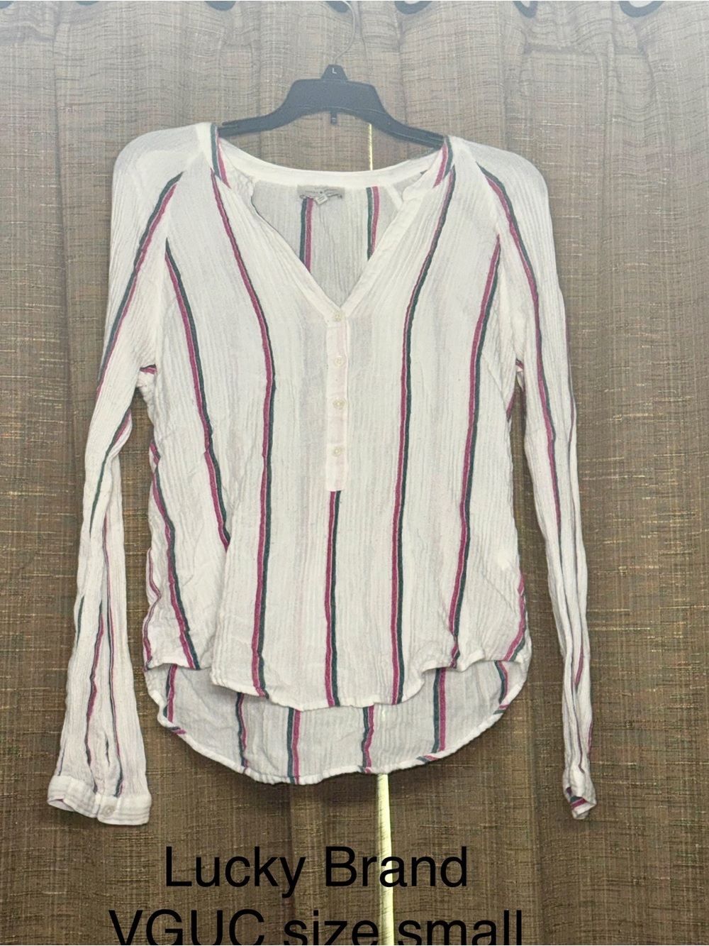 Lucky Brand White Button-Neck Striped Long Sleeve Top